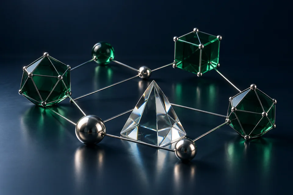 Connected silver and emerald nodes illustrating payment networks